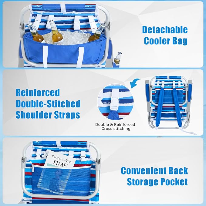 SUNNYFEEL Low Beach Chair 5 Position Lay Flat, Portable Folding Backpack Beach Chairs Heavy Duty with Cooler Bag, Cup Holder for Outdoor/Lawn/Picnic/Fishing, Foldable Camping Chair (New BlueStripe)