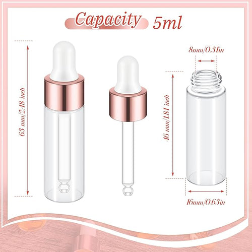 100 Pcs Mini Glass Oil Dropper Bottle Bulk, Clear Essential Small Empty Bottles Sample Containers Perfume Liquid Vials with Cap for Traveling (5 ml,Rose Gold)