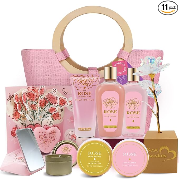 Spa Luxetique Gift Baskets for Women, Mothers Day Gifts for Mom, 11pcs Rose Sets, Relaxing Bath Sets for Women, Christmas Gifts for Her