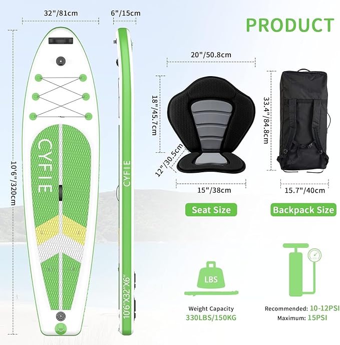 CYFIE 10'6''Inflatable Stand Up Paddle Board, Paddle Boards with Premium SUP Paddle Board Accessories, Removable Kayak Seat and Camera Mount for Yoga, Kayaking, Surf, Fishing