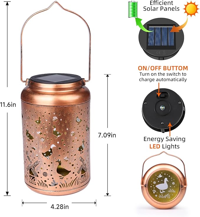 Duck Solar Lanterns Outdoor Waterproof Hanging Solar Lights Duck Garden Decor Gifts for Women Men Metal Lantern Decoration Outside for Yard, Patio, Backyard, Porch, Pathway, Lawn