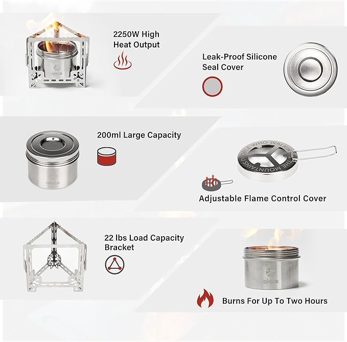 Alocs 2250W Alcohol Stove - Camping Stove with Sealed Cover - Stainless Steel Backpacking Solo Stove with Foldable Stand for Outdoor, Hiking, Survival, Climbing and Picnic