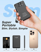 TG90° 2 Pack Portable Charger with Built-in Foldable AC Wall Plug and Cables, 5000mAh 3 Outputs Battery Pack Mini External Power Bank Compatible with iPhone and Android Smart Devices