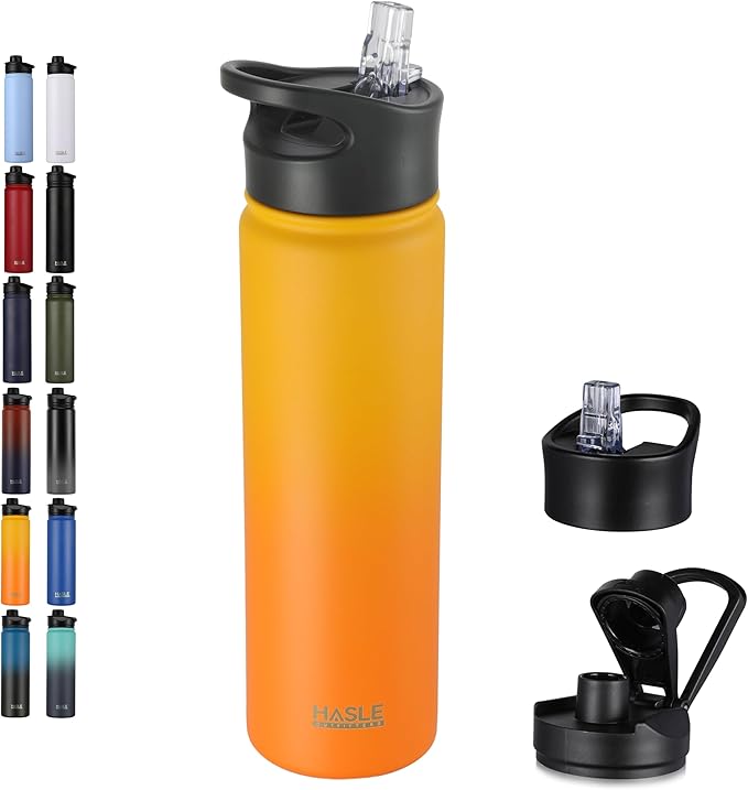 HASLE OUTFITTERS Insulated Water Bottle 22 oz Double Wall Stainless Steel Water Bottle Wide Mouth with Straw Lid & Spout Lid Keeps Cold or Hot(Yellow Orange Gradient,1)