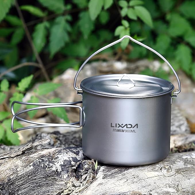 HUIOP Titanium Pot, 750ml/900ml/1100ml Ultralight Titanium Pot Water Mug Cup with Lid and Foldable Handle Outdoor Camping Cooking Picnic