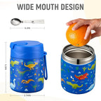 17oz Soup Thermo for Hot Food Kids Insulated Vacuum Food Jar with Stainless Steel Spoon Wide Mouth Thermo Leakproof Lunch Food Container Kids Hot Lunch Box (Blue-Dinasour)