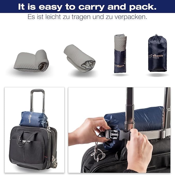 alkamto Travel & Camping Comfortable Memory Foam Pillow – Easy to Carry Portable Bag – Temperature Regulating Pillow Case (Grey Contour)