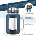 BLUEGO Water Bottle 64 oz Tumbler with Lid and Straw, Glass Water Bottle with Straw, Water Tumbler with Handle Half Gallon Water Jug Large Waterbottle for Daily Water Intake, BPA Free, Dark Blue