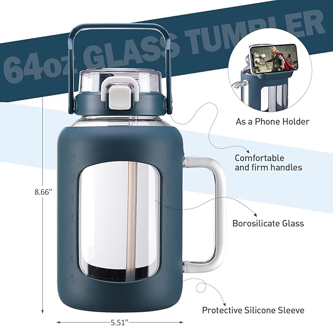 BLUEGO Water Bottle 64 oz Tumbler with Lid and Straw, Glass Water Bottle with Straw, Water Tumbler with Handle Half Gallon Water Jug Large Waterbottle for Daily Water Intake, BPA Free, Dark Blue