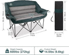Fully Padded Folding Double Camping Chairs,Comfy Oversized Loveseat Lawn Chair w/Wine Glass Holder,Cup Holder,Heavy Duty Outdoor Portable Camp Couch Support 600 Lbs,Dark Green