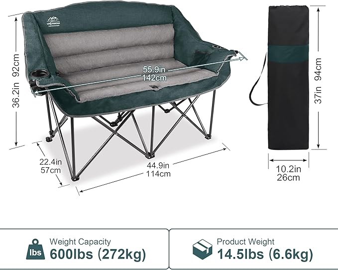 Fully Padded Folding Double Camping Chairs,Comfy Oversized Loveseat Lawn Chair w/Wine Glass Holder,Cup Holder,Heavy Duty Outdoor Portable Camp Couch Support 600 Lbs,Dark Green