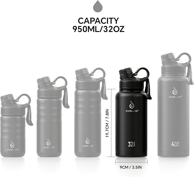 IDEUS Insulated Stainless Steel Water Bottle with 2 Leak-Proof Lids, Thermal Water Flask for Hiking Biking, 32oz, Black