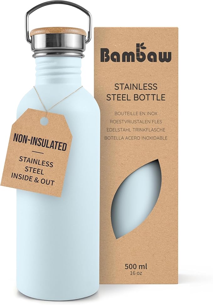 Bambaw Metal Water Bottle 16 oz - Light Blue for School, Non-Insulated Single Walled Stainless Steel, Reusable, BPA Free - Ice Blue