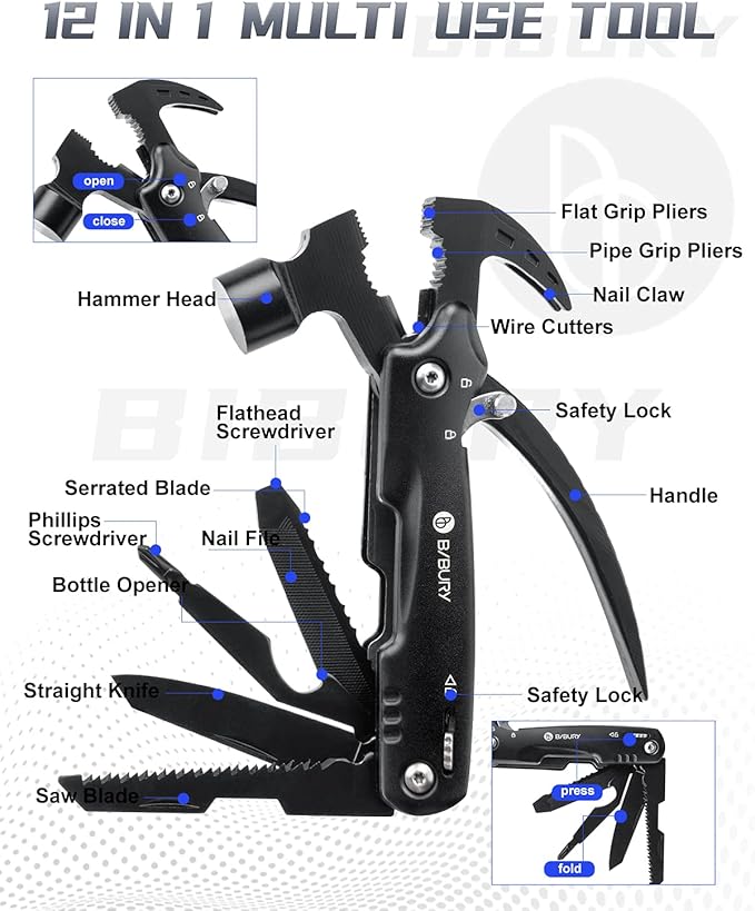 BIBURY Hammer Multitool Gifts for Dad Husband Grandpa, 12 in 1 Survival Gear Outdoor Multi Tool, Fathers Day Dad Gifts from Daughter Son and Wife, EDC Multi-Tool for Outdoor, Camping, Hiking