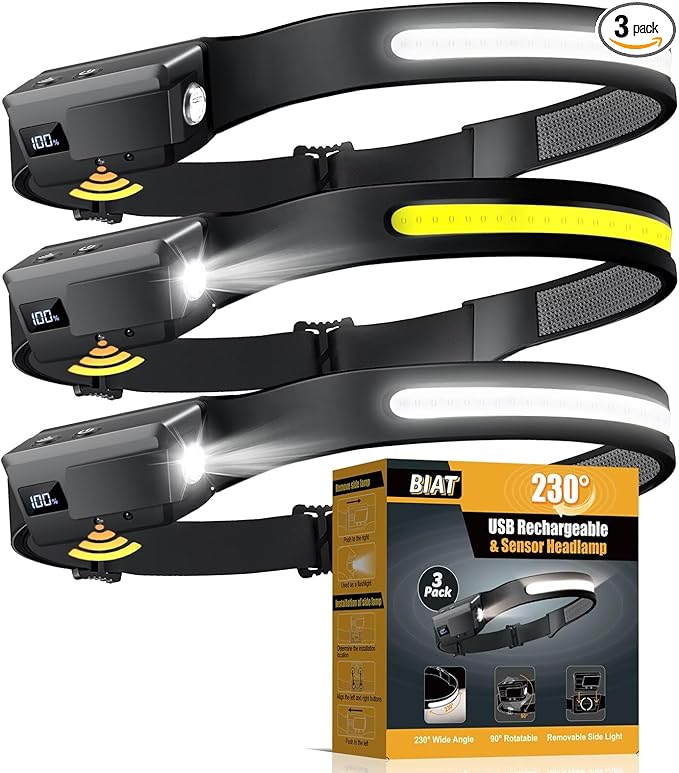 BIAT LED Headlamp Rechargeable 3PCS, 230° Wide Beam Headlight with Motion Sensor, 90° Rotation and Removable Head Lights for Forehead, 5Mode Head Lamp for Adults, Camping Essentials Gear for Hiking