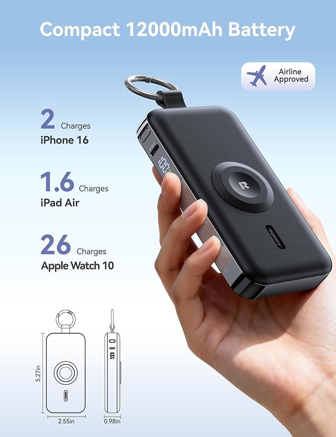 RORRY Portable Charger, 12000mAh 30W Fast Charging Power Bank with Built-in Retractable USB C Cable, Battery Pack with Keychain, Travel Essentials for iPhone, Apple Watch, iPad, Pink