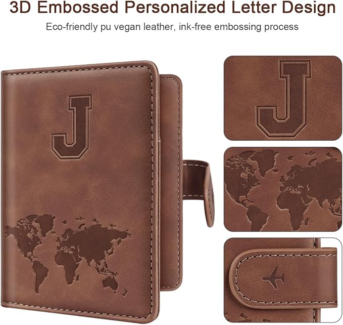 Passport Holder Wallet Cover Personalized Letter A-Z Travel Wallet RFID Blocking Passport Cover Wallet Case for Travel Passport Book Holders for Women and Men, Brown-J