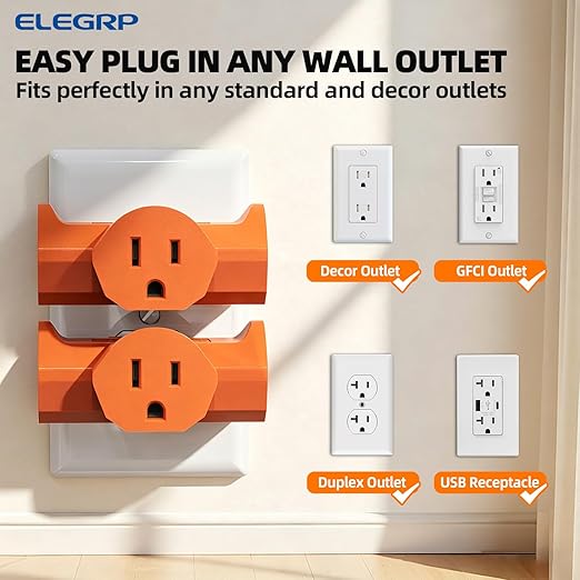ELEGRP 3-Prong Heavy Duty Power Extender to Triple Outlet in T Direction, Multi-Directional Grounded Wall Tap Outlet Extender with 3 Prong Plug-in, 15-Amp, 125-Volt, ETL Listed, 2 Pack, Orange