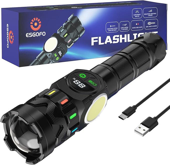 ESGOFO Rechargeable Flashlights High Lumens 10000 Long Distance, Super Bright LED Flash Light Long Lasting USB C LCD Display, Double Light Source & Buttons with Red Light, for Camping Hiking Emergency