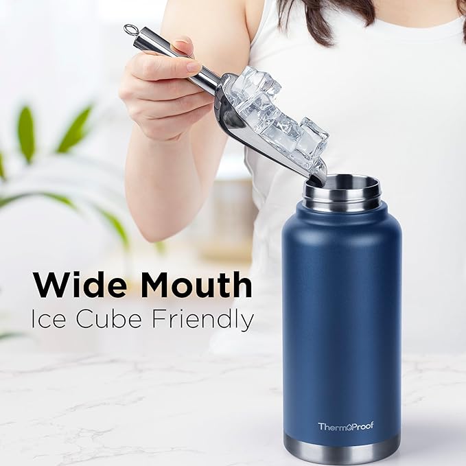 ThermoProof Double-Walled Vacuum Insulated Stainless Steel Water Bottle - Wide Mouth Canteen, Spout & Straw Lids, Dishwasher Safe, Reusable, Leakproof, Hot & Cold for Men, Women & Kids - 32oz, Navy