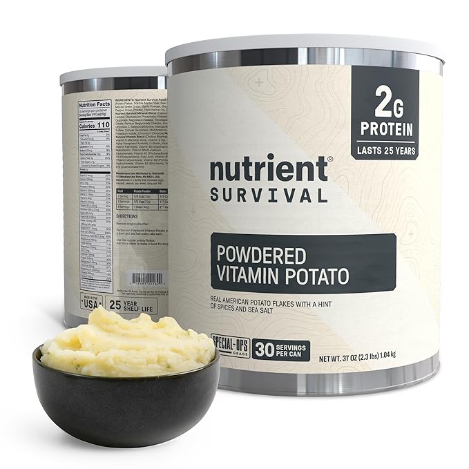 Nutrient Survival Potato Flakes, Powdered Vitamin Potato (30 Servings) for Mashed Potatoes, Soups, Emergency Food Supply & Camping Supplies, 38 Nutrients, Shelf Stable Up to 25 Years, One Can