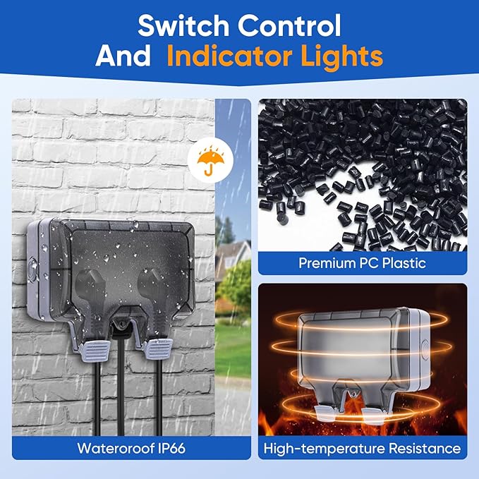 Outdoor Power Outlet,Outdoor Extension Cord Waterproof Double Wall Outlet Extender with On-Off Switch and Indicator Light，Exterior Electric External Power Outlet,Outside Outlet (32.8FT)