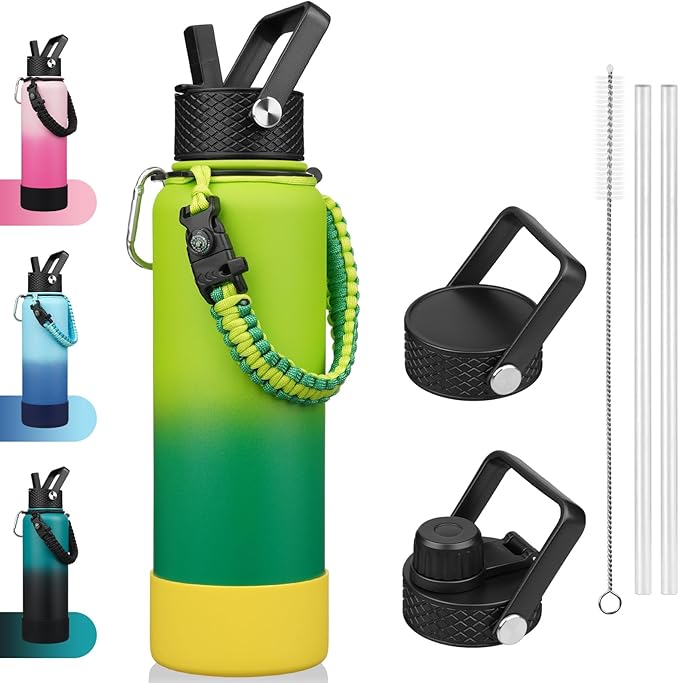 BJPKPK Insulated Water Bottle with Straw Lid, 40oz Large Thermo with 3 Lids, Paracord Handle & Non-slip Boot, BPA Free Leak Proof Stainless Steel Metal Water Bottles, Tumblers, Cups,Bamboo Grove