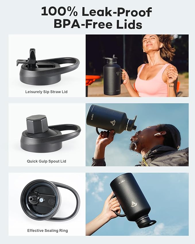 Half Gallon Water Bottle with Straw and Lid, 64 oz Insulated Stainless Steel Jug with Handle,Reusable Metal Travel Flask Mug Cup With Carry Pouch and Brush,Keep Cold & Hot,Black