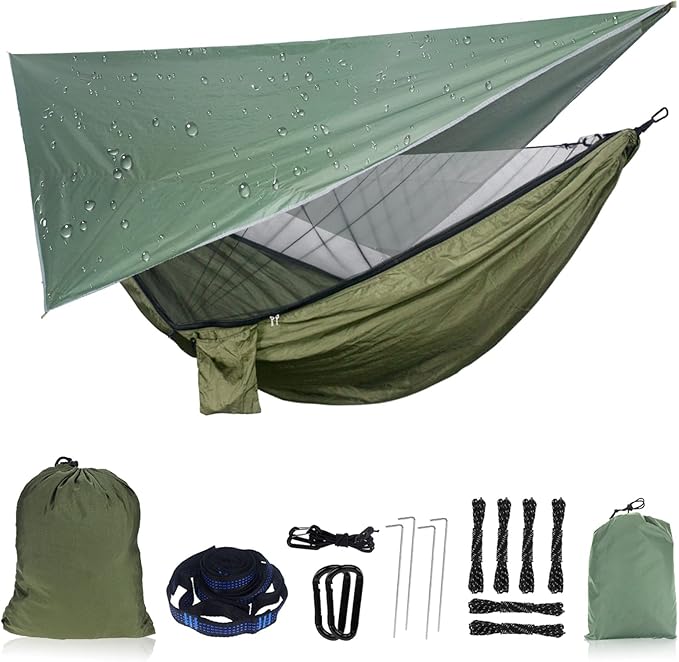 NewDoar Camping Hammock with Mosquito Net and Rain Fly Tarp,Portable Single Nylon Parachute Hammock Rainfly Set,Tree Straps Swing Hammock Bed for Outdoor Backpacking Backyard Hiking(ArmyGreen)