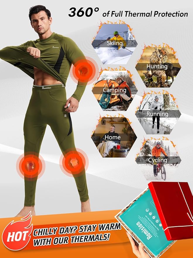 romision Thermal Underwear for Men Long Johns Fleece Lined Hunting Gear Bottom Top Set Base Layer for Cold Weather Gift