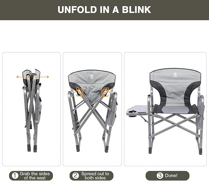 EVER ADVANCED Lightweight Folding Directors Chairs Outdoor, Aluminum Camping Chair with Side Table and Storage Pouch, Heavy Duty Supports 350LBS