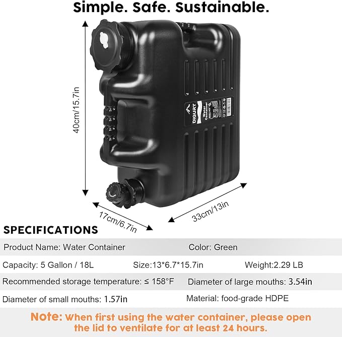 5 Gallon Water Jug, Camping Water Container BPA Free Water Storage with Spigot No Leakage Portable Emergency Water Tank for Outdoor Hiking Camping Picnic Supplies Black