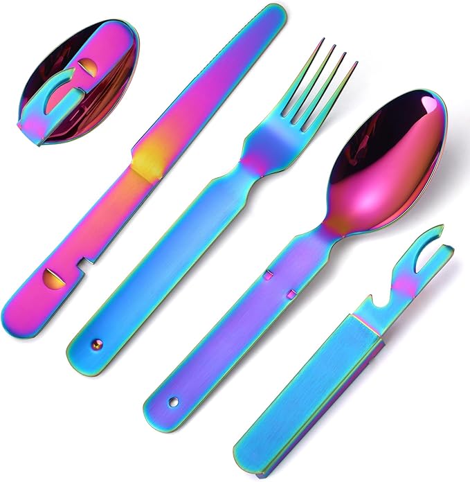 Camping Flatware Colorful Fork Spoon Knife Bottle Opener Silverware Outdoor Portable Cutlery Tactical Utensil Set 4 Pieces Foldable Durable Reusable Easy to Clean