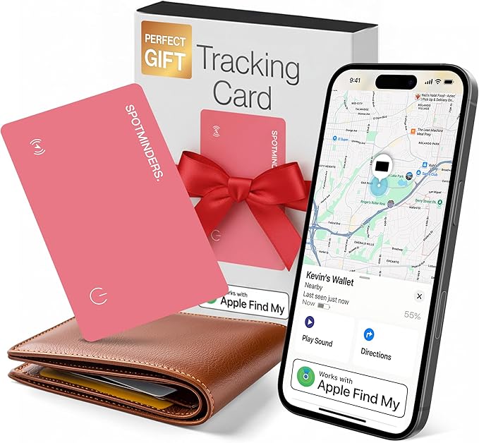 SPOTMINDERS Apple MFi Certified Wallet Tracker for Valentines Day Gifts for Women (iOS Only) Works with Apple Find My IP68 Rechargeable Tracking Card 0.07in Slim iPhone Item Finder for Luggage, Purse