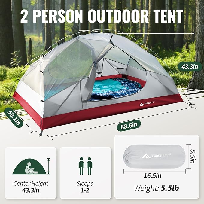 Forceatt Tent for 2 and 3 Person is Waterproof and Windproof, Camping Tent for 3 to 4 Seasons,Lightweight Aluminum Pole Backpacking Tent Can be Set Up Quickly,Great for Hiking