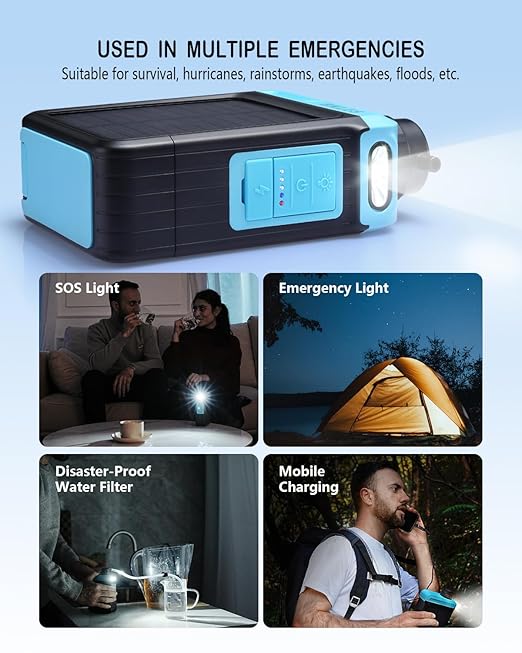 BKLES 3-in-1 Solar Electric Water Filter with Hand Pump - Camping Water Filtration System Survival, Portable Water Purifier with Emergency Light, Survival Kit for Backpacking, Birthday Gifts for Men