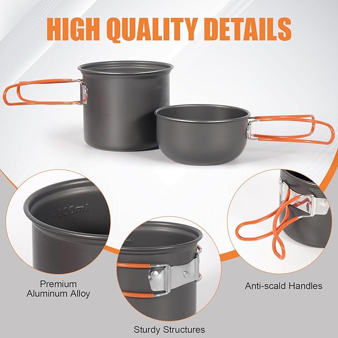 REDCAMP 6/10/11/12/14/15/19 PCS Camping Cookware Mess Kit Camping Gear Campfire Utensils Lightweight Stackable Pot Pan Bowls Soup Spoon with Storage Bag for Camping, Backpacking, Outdoor Cooking