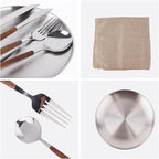 New Wood Grain Handle Tableware Mess Kit Cutlery for 2 Dinnerware Set - 12pcs Stainless Steel Utensils Set with Plate Spoon Fork Serrated Knife Cloth Napkins for 2,Backpacking, Outdoor Hiking Picnic