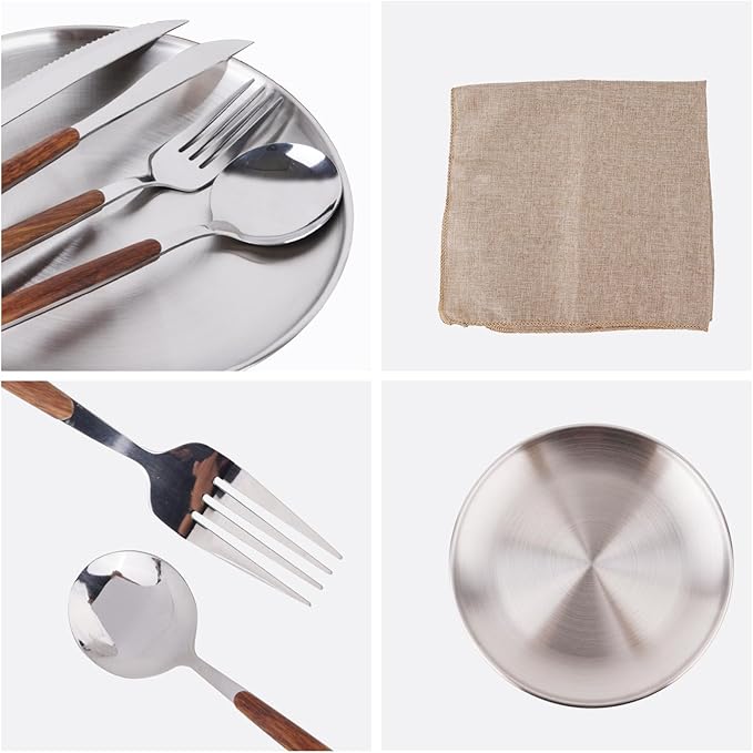 New Wood Grain Handle Tableware Mess Kit Cutlery for 2 Dinnerware Set - 12pcs Stainless Steel Utensils Set with Plate Spoon Fork Serrated Knife Cloth Napkins for 2,Backpacking, Outdoor Hiking Picnic