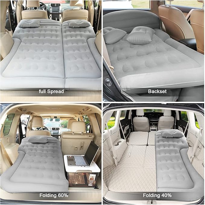 ISWEES Car Bed SUV Air Mattress, Car Air Mattress with Home Power Adapter, Electric Pump, 2 Inflatable Pillows and 2 Footrests for Back Seat, Side Seat,Trunk Sleeping, Thickened Camping Bed - Grey