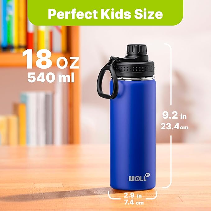 Kids Insulated Water Bottle-18 oz Stainless Steel Vacuum Wide Mouth Sports Flask with Silicone Boot-Reusable Metal Leak Proof Travel Water Bottle for Boys, BPA-Free(Navy)