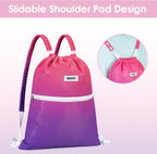 WANDF Drawstring Backpack Sports Gym Bag with Shoulder Pads Water Resistant String Bag Cinch Bag for Women Men (Rose Red)