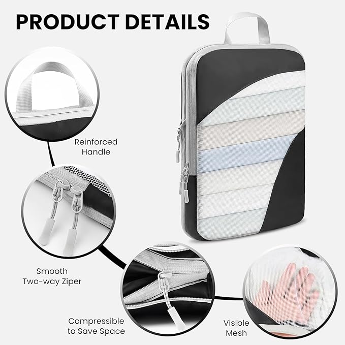 10 Set Compression Packing Cubes, Lightweight Travel Essentials, Stretchable Expandable Storage Bags, Compression Bags for Travel Accessories Luggage Storage Set (10 Pcs, Black)