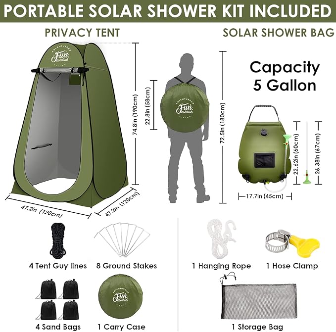 Solar Shower Tent Kit, 2 Pcs, Instant Pop Up Privacy, 5 Gallon Solar Shower Bag, Sun Canopy Beach Outdoor Camp Privacy Tent, Easy Set Up, Foldable