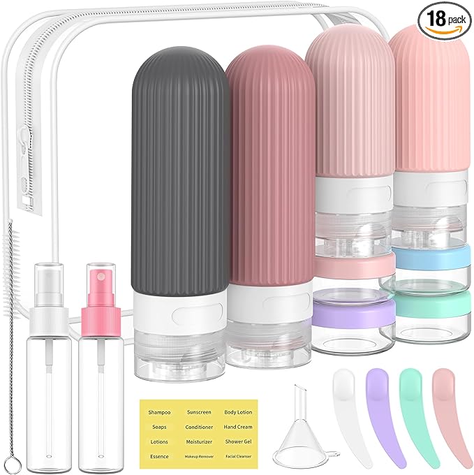 ME.FAN 18 Pack Travel Bottles for Toiletries, TSA Approved Silicone Portable Size Bottle, Refillable Cosmetic Container Kits for Conditioner, Shampoo, Lotion,Face Cream - Pink