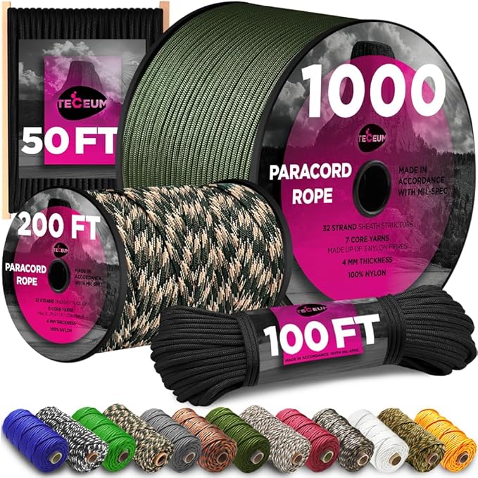 TECEUM 5/32" Paracord Rope 1000 – 1000ft / 200ft / 100ft / 50ft – Tactical Parachute Cord 4mm – 45+ Colors – Nylon String for Survival & Camping Gear – Stripe Cord for Survival – Utility Rope