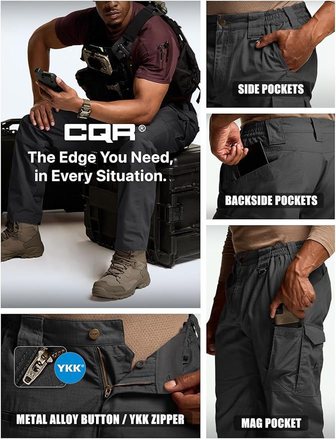 CQR Men's Tactical Pants, Water Resistant Ripstop Cargo Pants, Lightweight EDC Work Hiking Pants, Outdoor Apparel
