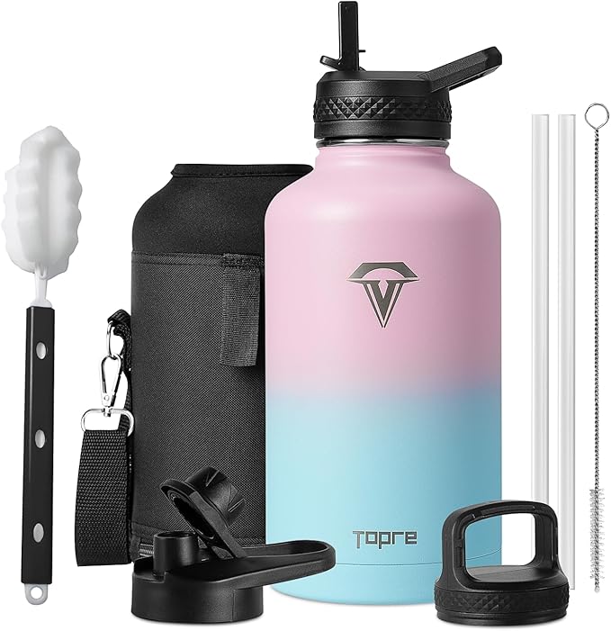 Insulated Water Bottle, 64 oz Stainless Steel Water Bottles with Straw, Leak Proof & BPA Free, Reusable Jug Thermo Flask for Outdoor Sports Gym Camping, Pink/Blue