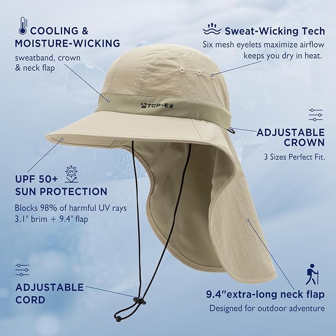TOP-EX Cooling Sun Hat with Neck Flap – UPF 50+ Wide Brim Breathable Hat for Hiking, Fishing & Big Heads