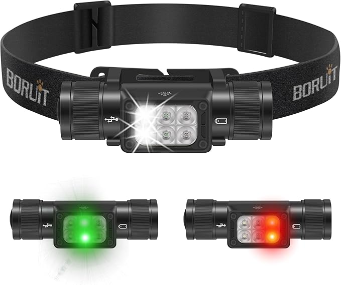 BORUIT HP360 LED Rechargeable Headlamp with White Green Red Light,Super Bright Head Lamp Flashlight,IP67 Waterproof,7 Working Modes,Suitable for Adults Running Camping Hiking Fishing